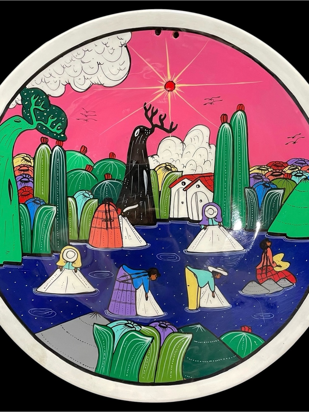 Vintage 1990s Isidoro Signed Mexican Pottery Hand Painted Wall Plate - Colorful